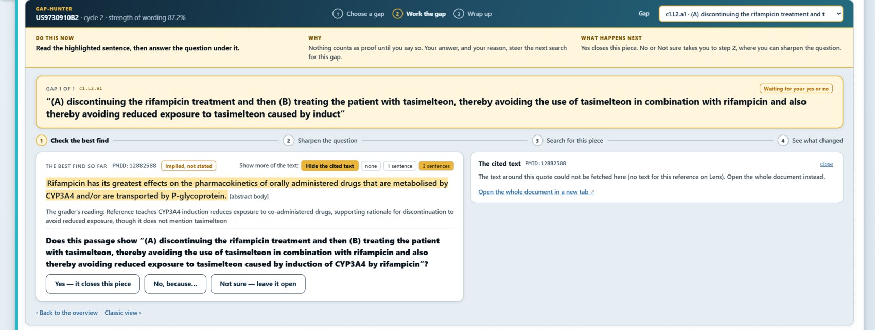 Work the gap screen for piece c1.L2.a1: the limitation text, best find PMID 12882588 graded Implied not stated, the cited passage, the grader's reading, and three answer buttons.