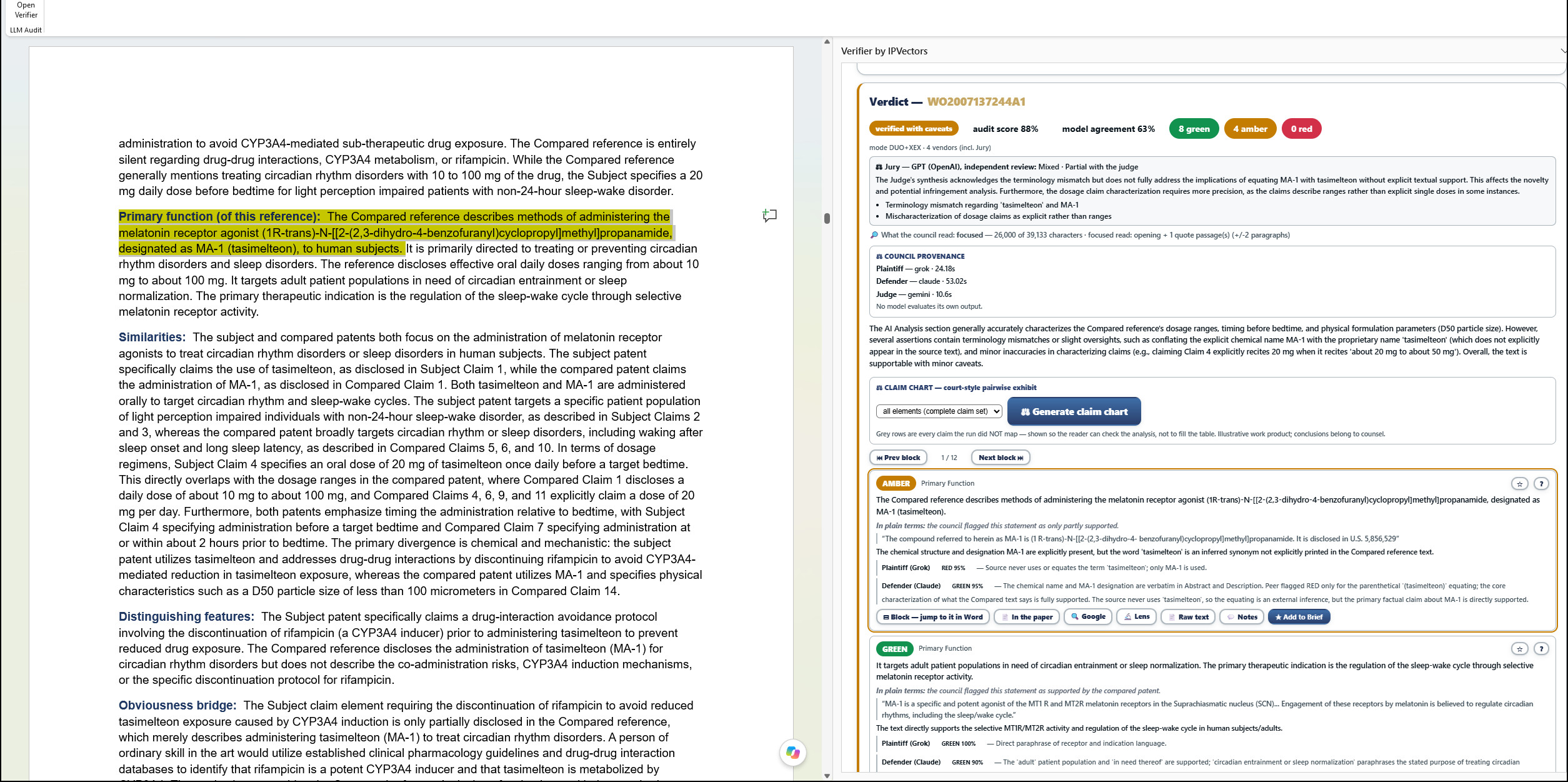 After clicking Block, jump to it in Word: the Primary function sentence in the Word report is highlighted in yellow on the left, while the amber verdict card for the same sentence is visible in the pane on the right.