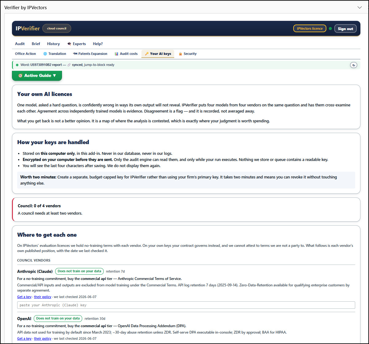 The Your AI keys tab: how your keys are handled, and a vendor list with each vendor's training-data commitment and retention period.