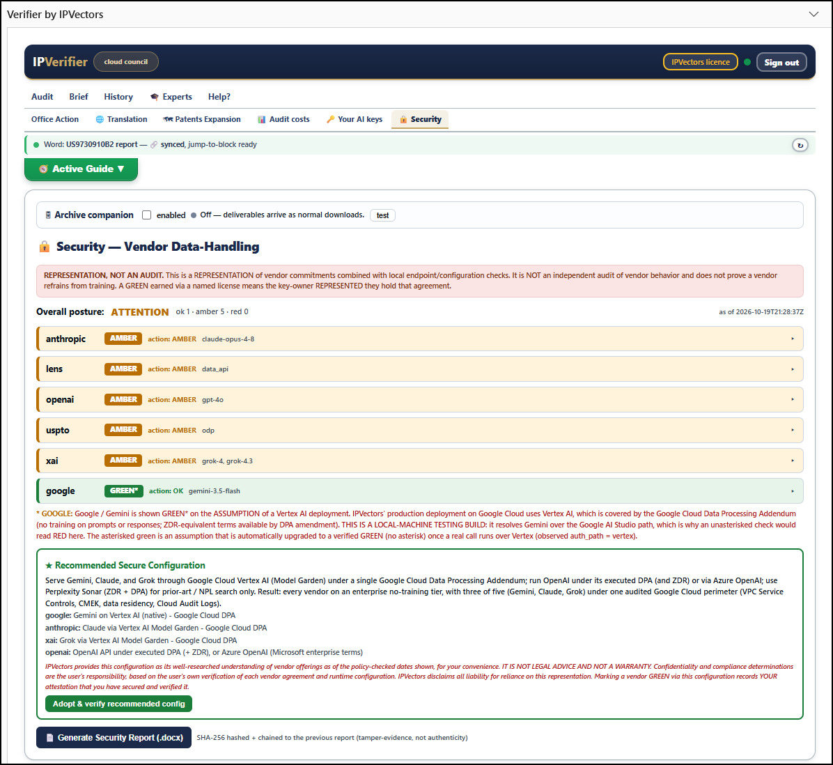 The Security tab: vendor data-handling posture for each vendor, an overall posture of attention, and a recommended secure configuration via Google Cloud Vertex AI and Azure OpenAI with a one-click adopt button.